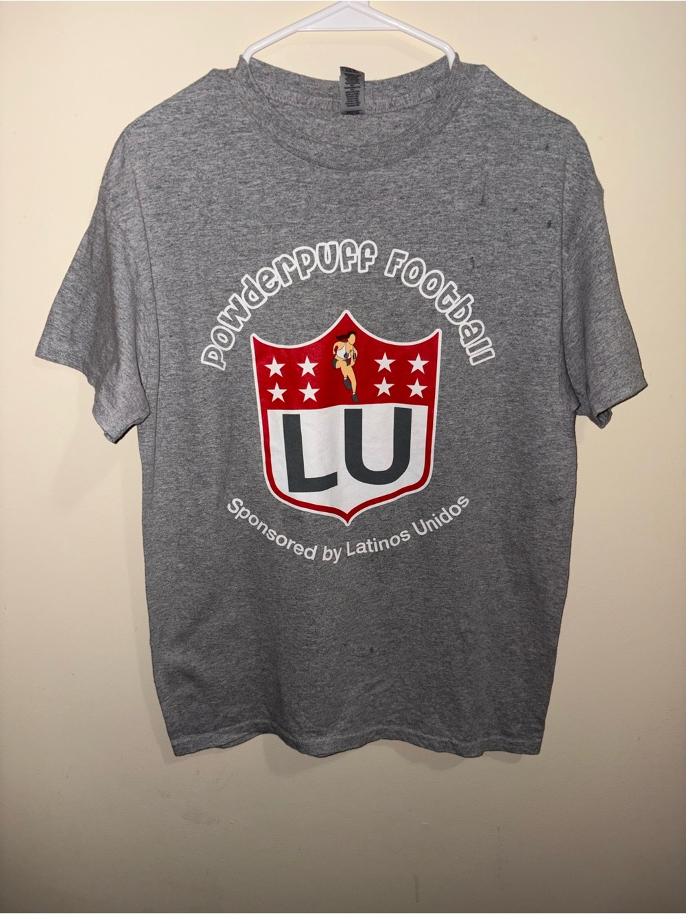Gildan Gray Powderpuff Football LU Shield T-Shirt with Red and White Logo